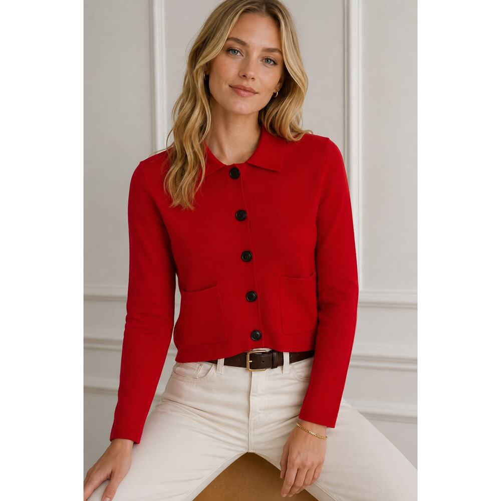 J Crew Red Sweater Blazer XS Cropped Knit Jacket Preppy Cardigan